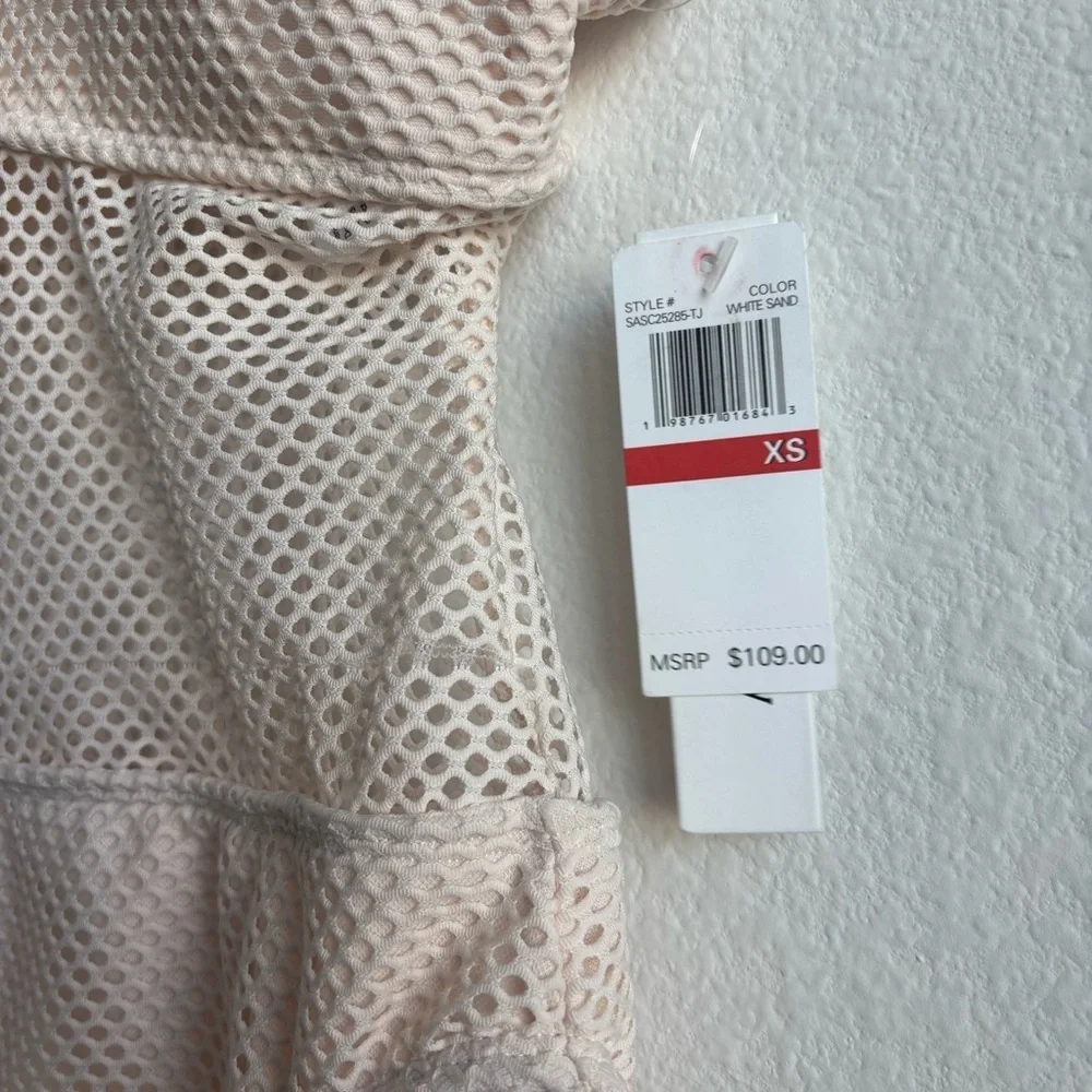 NWT Sanctuary Swim Scoop-Neck High-Leg One-Piece Swimsuit Light Sand Mesh Cutout